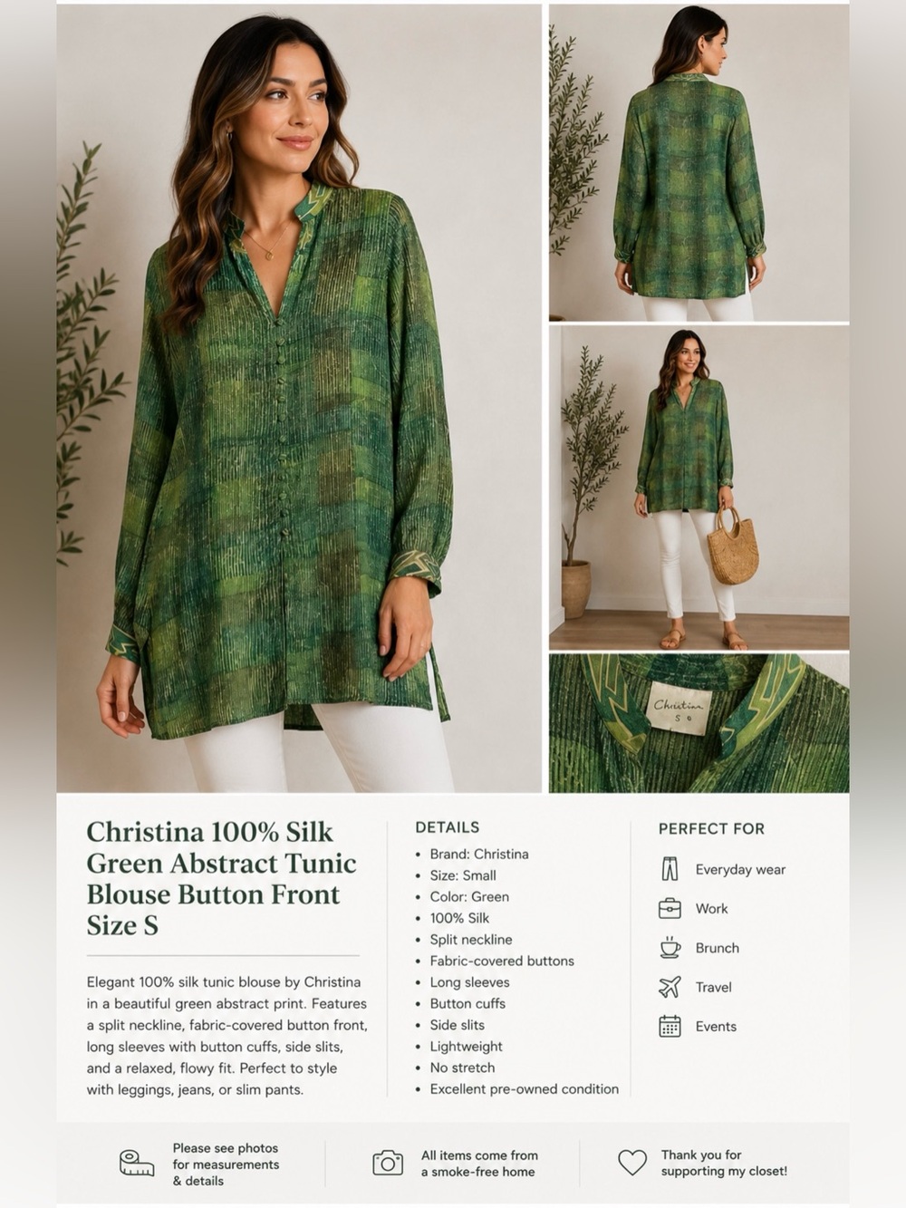 Christina 100% Silk Green Abstract Tunic Blouse Button Front Size S